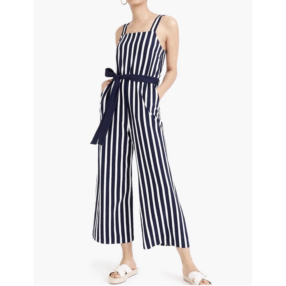 J. Crew Navy Blue White Stripe Wide Leg Jumpsuit Size 6 Cropped Tie Waist